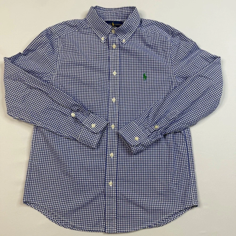 Ralph Lauren Button Down Shirt Kids Boys L 14-16 Blue Gingham Long Sleeve Cotton